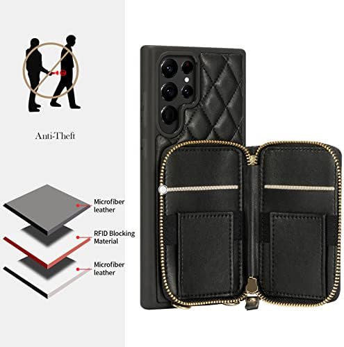 LAMEEKU е Съвместим с калъф-чанта Samsung Galaxy S22 Ultra, Калъф-чанта с държач за карти, Стеганым калъф през