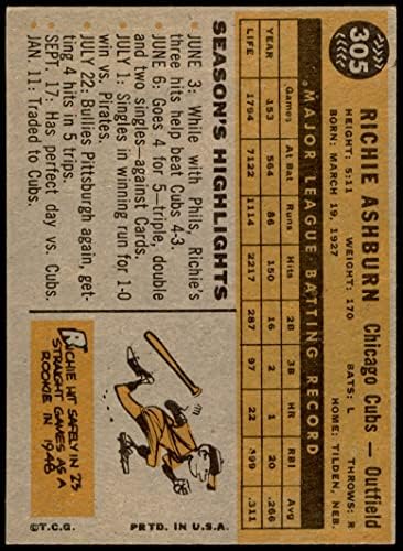 1960 Topps # 305 Ричи Эшберн Чикаго Къбс (Бейзболна картичка) EX Къбс