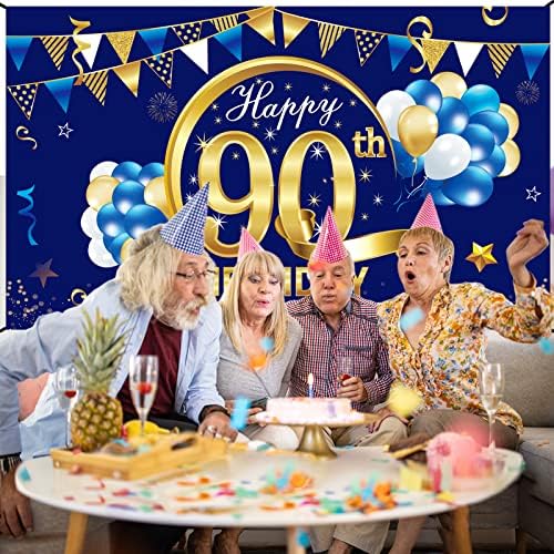 Украса за Банери Kauayurk Happy 90th Birthday за мъже - Син на Златен Фон за 90-ия Рожден Ден, Вечерни Аксесоари, Коледна Фон За Снимки, Декор за Означения, син на 90-та