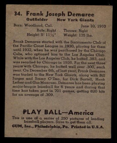 1939 Play Ball 34 Франк Демари Ню Йорк Джайентс (Бейзболна картичка) VG/БИВШ Джайентс