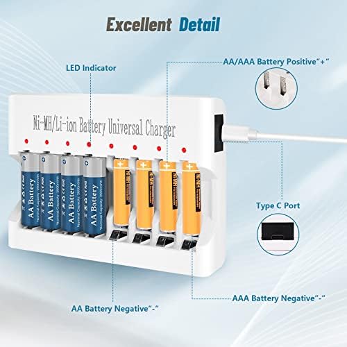 Topusse 8 Отделения AA AAA Батерия Подобрени Универсално Зарядно за NiMH/NiCd/Литиеви батерии, Високоскоростно