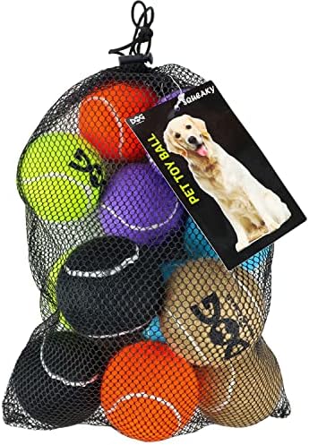 insum Писклив Тенис топки за Кучета, Цветни, Лесно Ловящиеся Топки за домашни кучета, 12 опаковки (Скърцат-2,5 инча-6 цвята)