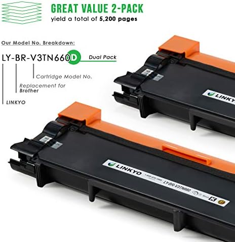Подмяна на съвместима касета с тонер LINKYO за Brother TN660 TN630 TN-660 (2 опаковки, с висока производителност,