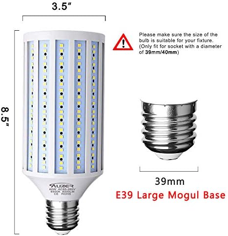 Led Царевичен лампа Auzer мощност 60 W, Голяма База Mogul E39, 6000 Лумена, Студена Бяла Флуоресцентна Светлина