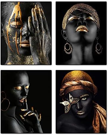 VOUORON Афроамериканская Мода Поп Златни Обеци, Колие Черна Жена Стенни Художествена Живопис Комплект от 4 (8