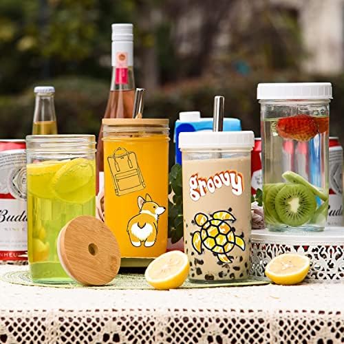 [4 опаковки] Комплект стъклени чаши - Чаши за пиене в стъклен буркан и 24 грама с бамбукови капаци и соломинками,