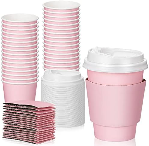 48 БР 12 унции Розови Еднократна употреба Кафеени Чаши с Капаци и ръкави, Обемна Хартия, Чаши с изолация, Чаши