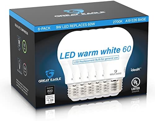 Led лампа Great Eagle Lighting Corporation A19, което е равно на 60 W, топло бяла 9 W 2700 До, led лампа без регулиране на яркостта стандартна основа E26, енергийно ефективен, депозирани в спис?