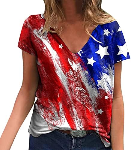 Ризи 4 юли, Дамски Ежедневни Летни Тениски с Флага на сащ, Къс Ръкав, V-образно Деколте, Патриотични Блуза Райе със Звезди