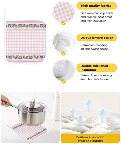 Пролетни Великденски кухненски ръкавици за Топлоизолация кухня, Розово-Бяло Каре кухненски ръкавици с Цветен
