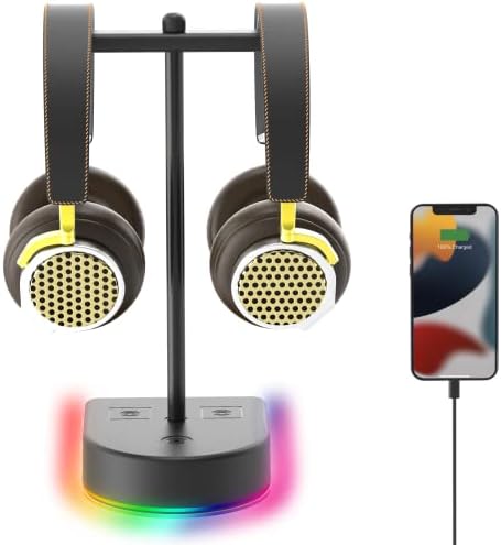 Двойна поставка за слушалки BGMUTCX RGB с USB порт за зареждане, стойка за настолна игра двойна слушалки, Здрава