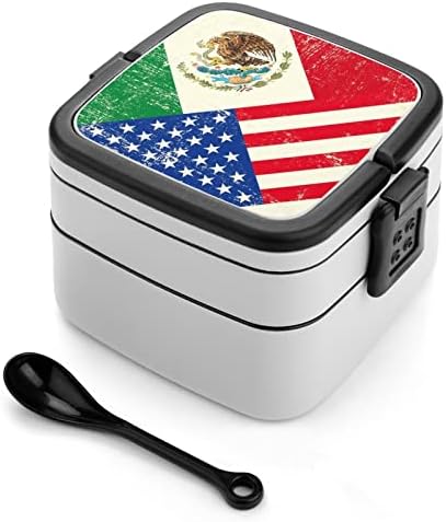 Кутия за Bento с Флага на САЩ и Мексико, Двуслойни Многослоен Контейнер за Обяд Всичко в едно с Лъжица за Пикник,
