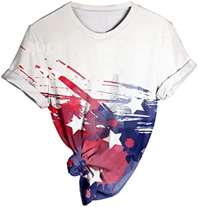 MIASHUI Ежедневни Дамски тениски с къс ръкав и принтом на Деня на Независимостта С Къс ръкав и кръгло деколте,