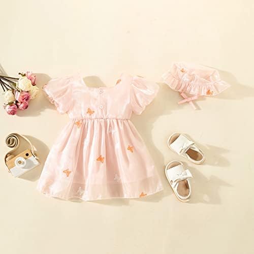 Рокля KAGAYD за малки момичета, Принцеса Рокля с къс ръкав и лък, с принтом пеперуди и накъдрен, Рокли за танци и партита (розово, 6-12 месеца)