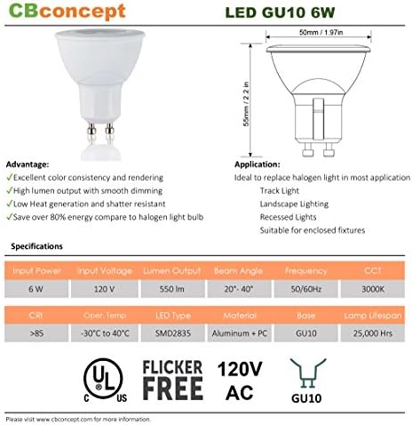 Led лампи CBConcept GU10, изброени в UL, в пакет, 2 броя, 6 W, 550 Лумена, Топъл бял 3000 До Еквивалент, халогенни
