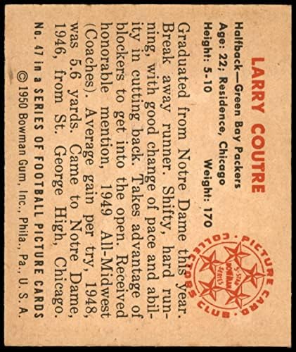 1950 Боуман 47 Лари Кутре Грийн Бей Пэкерс (Футболна карта) EX/MOUNT Пэкерс Нотр-Дам