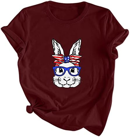 Великден Тениска с Принтом Забавни Очила във формата на Зайче за Жени, Свободни от Ежедневните Празнични Ризи с Кръгло Деколте и Къс Ръкав, Графични Тениски