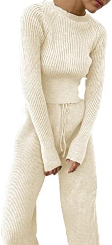Жена Зимна Есенен Пуловер Ребрена плетени с дълъг ръкав, монтиране на корема, Топ и Дълги Панталони в Пакет