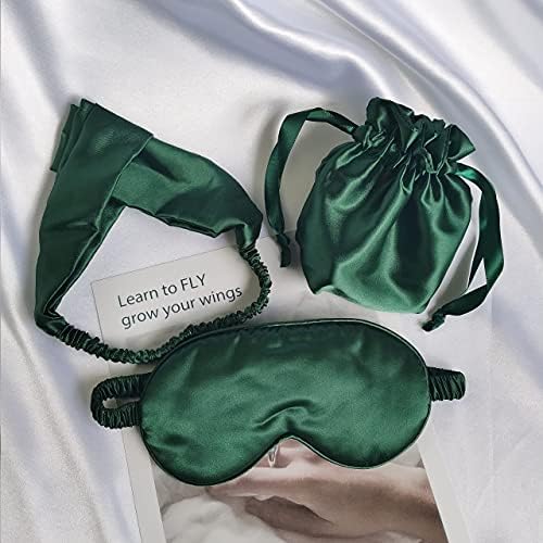 Меки сатенени дамски чанти с завязками изумрудено-зелен цвят, в комплект включва маска за сън, превръзка на