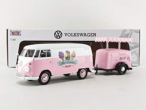 Motormax Микробус за доставка на Volkswagen T1 с ремарке за сладолед Розово-Бяло Магазин за Сладолед 1/24 Molded