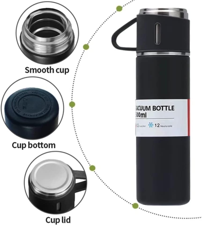 Термокружка от неръждаема стомана + 3 чаши, 500 мл / 16,9 унция (комплект от черен, сив и син цвят)