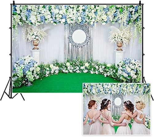 Yeele 10x8ft Сватбена Цветна Завеса на Фона на Синьо-Бяла Светлина Цветя Бяла Завеса Зелена Трева Фон за Снимки