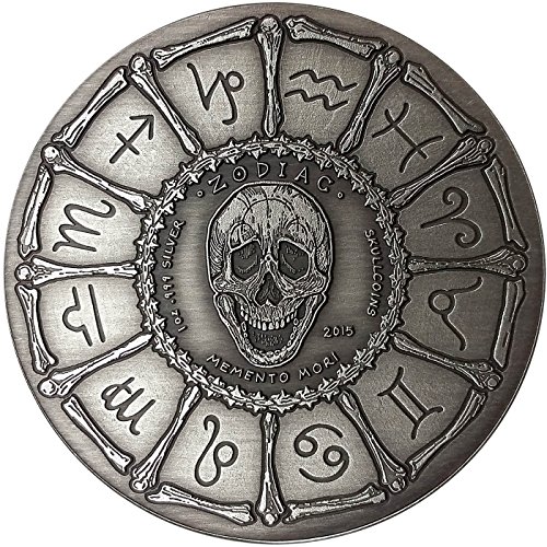 Монети от черепа РИБИ - 2015 Memento Mori Series Zodiac 2 - 1 Унция Кръгла сребърна монета с антични гарнитури