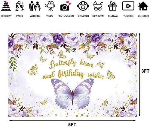Hilioens 5 × 3 метра Фон с Целувки пеперуди и Пожелания за рожден Ден, Лилав Фон с Цветя за Момичета, Фон за
