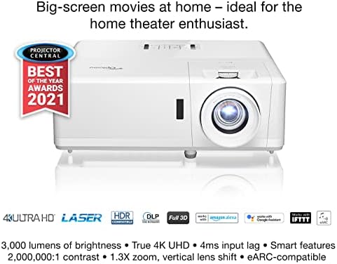 Optoma UHZ50 Умен 4K UHD Лазерен проектор за домашно кино | 3000 Лумена | Опции за персонализиране HDR | Кино