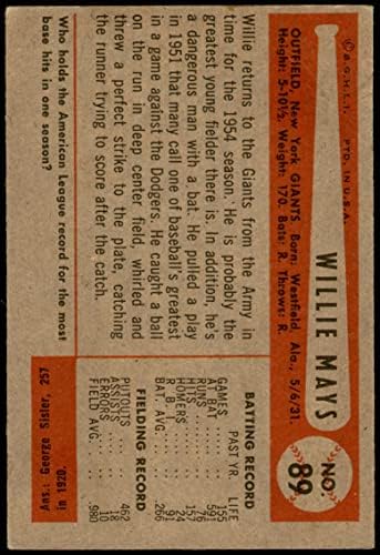 1954 Боуман 89 Уили Мейс Ню Йорк Джайентс (Бейзболна картичка) VG Джайънтс