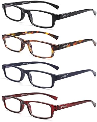 Loycco 4 Опаковки Тесни Правоъгълни Очила За четене, Блокиране на Синя Светлина, Дамски И Мъжки Леки и Компактни Очила За четене, Компютърни Очила